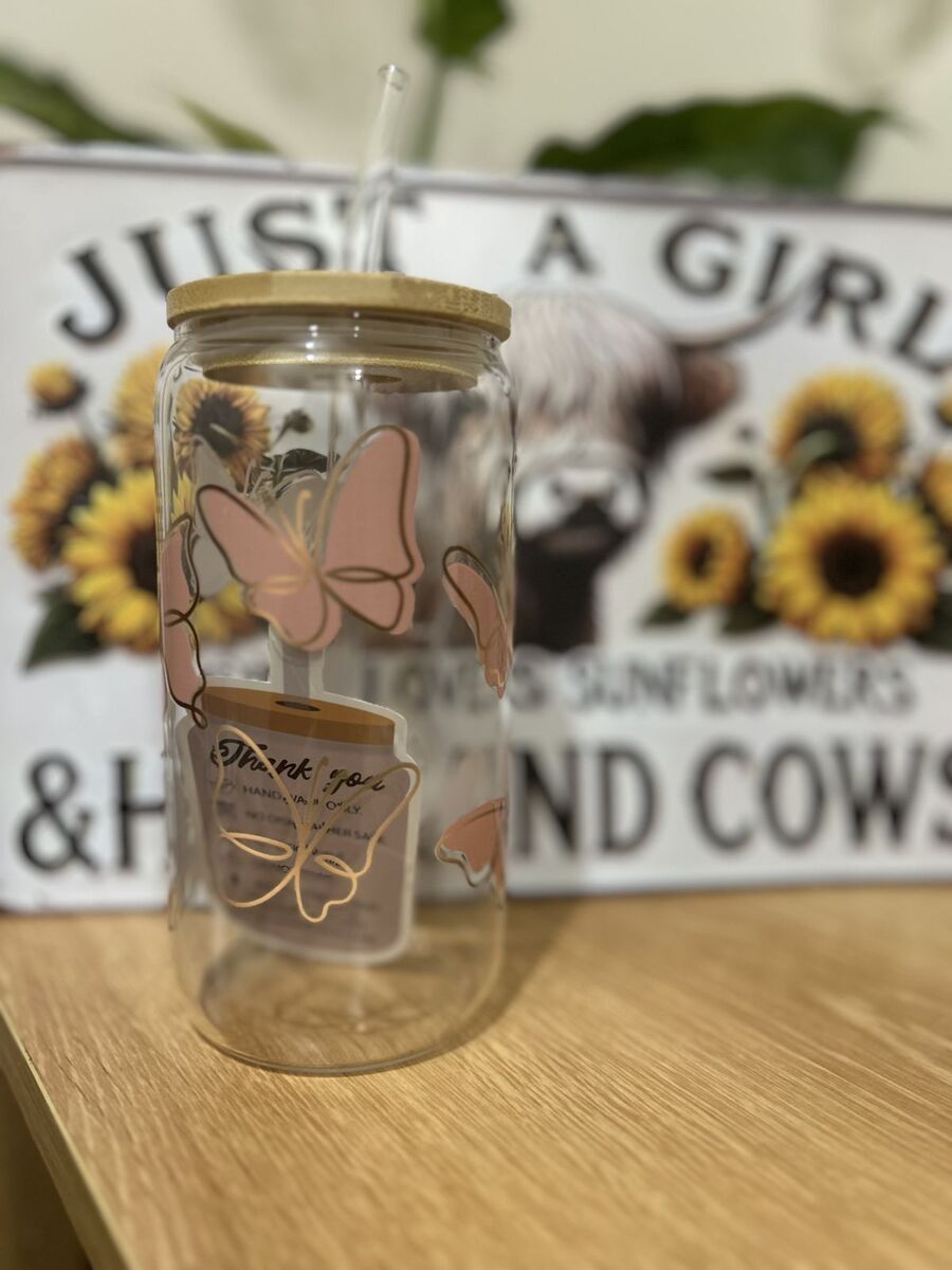 Glass tumbler (pink and gold butterflies